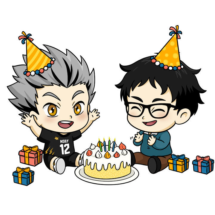 An image of chibi Bokuto and Akaashi, wearing party hats, celebrating Bokuto's birthday. Bokuto is cheering, Akaashi is clapping, and a birthday cake sits on the ground between them